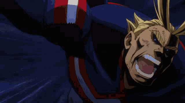 a close up of all might 's face with a blue eye