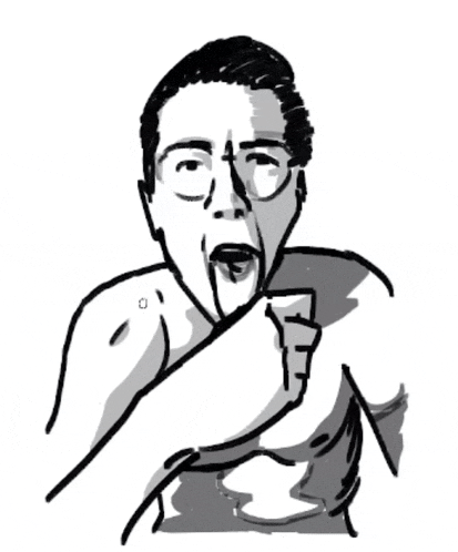 a black and white drawing of a person with their mouth open