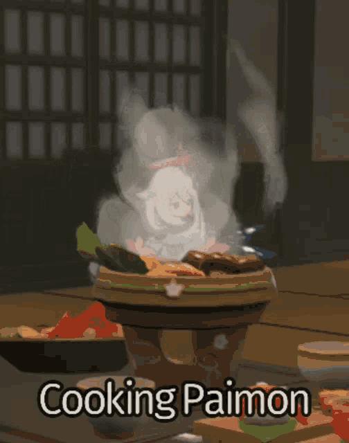 a video game character is cooking a meal with the name cooking paimon