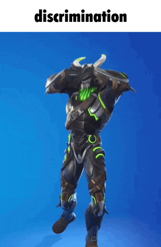 a video game character is dancing with the word discrimination written above him