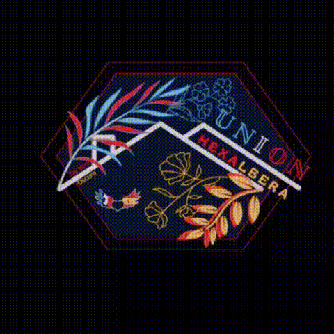 a colorful logo with flowers and leaves on a black background