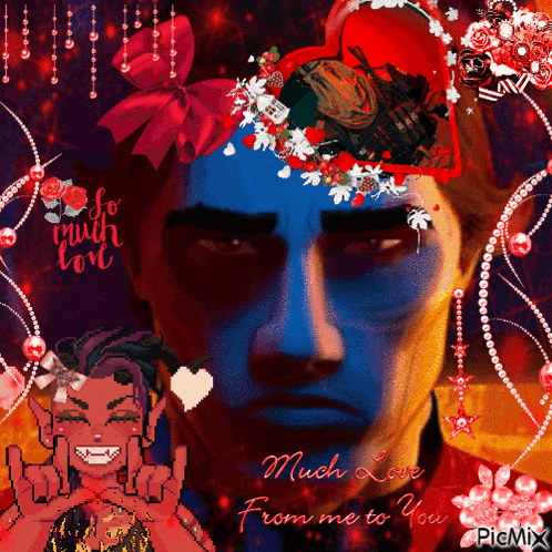 a picture of a man with blue paint on his face with the words much love from me to you on the bottom