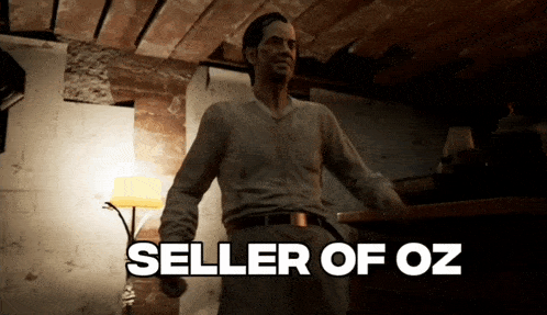 a man is standing in a dark room with the words seller of oz written above him