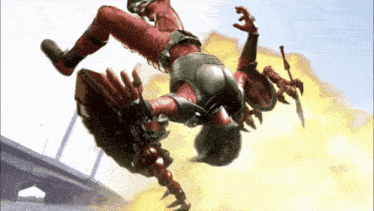 a man in a red suit is flying through the air while holding a sword