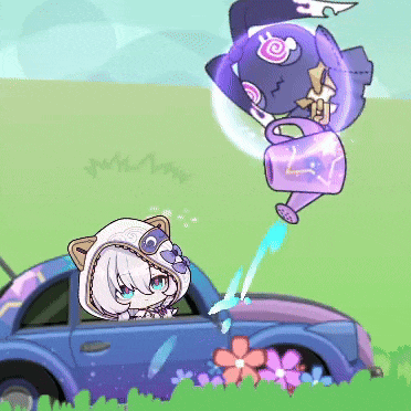 a cartoon of a girl in a car with a watering can and a balloon in the background