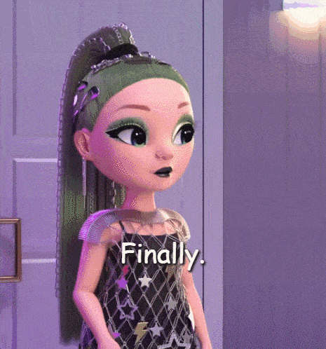 a cartoon girl with green hair is standing in front of a door with the words finally on the bottom