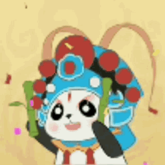 a cartoon panda wearing a blue and red hat and holding a bamboo stick .