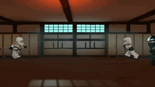 a group of ninjas are standing in a room with a window