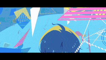 a blue background with geometric shapes and a circle in the center