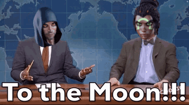 two men are sitting at a table with the words to the moon written on the bottom