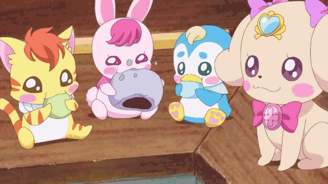 a group of cartoon characters including a cat a penguin a rabbit and a dog