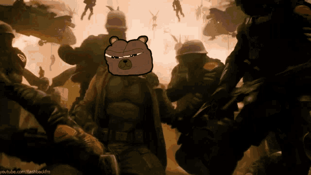 a cartoon of a bear in a batman costume is surrounded by soldiers and helicopters