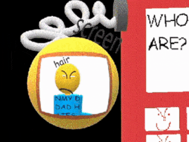 a yellow ball with a sad face and the words hair on it