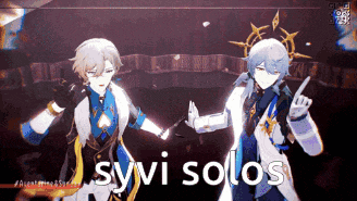 two anime characters are standing next to each other with the words sylvi solos written on the bottom