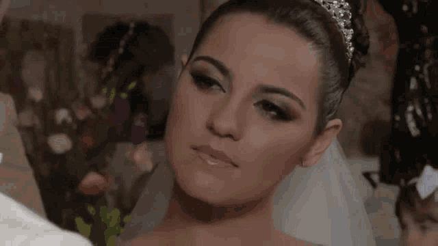 a bride wearing a tiara and veil looks at the camera .