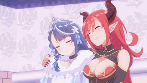 a girl with horns is standing next to another girl