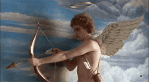 a cupid with wings is holding a bow and arrow in front of a cloudy sky .