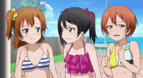 three anime girls in bikinis are standing next to each other with one wearing a yellow tank top that says ' rin ' on it