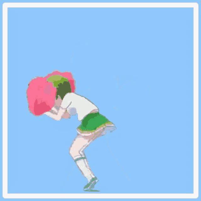 a cheerleader with green hair is holding pink pom poms .