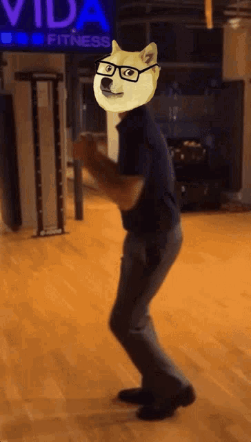 a man wearing glasses and a dog head is dancing in front of a vida fitness sign