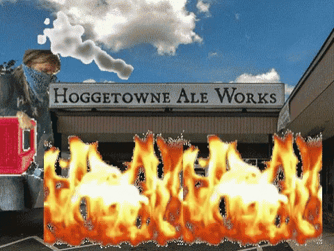 a hodgetowne ale works sign with flames behind it