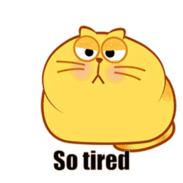 a cartoon cat with glasses and the words so tired below it .