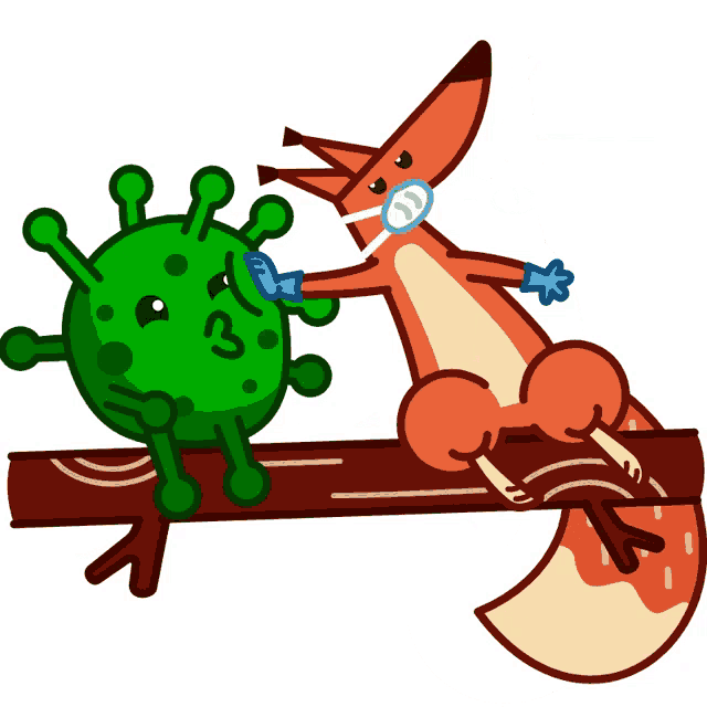 a fox wearing a mask sits next to a virus