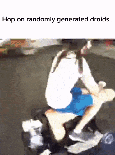 a girl is riding a motorcycle with a caption that says hop on randomly generated droids .