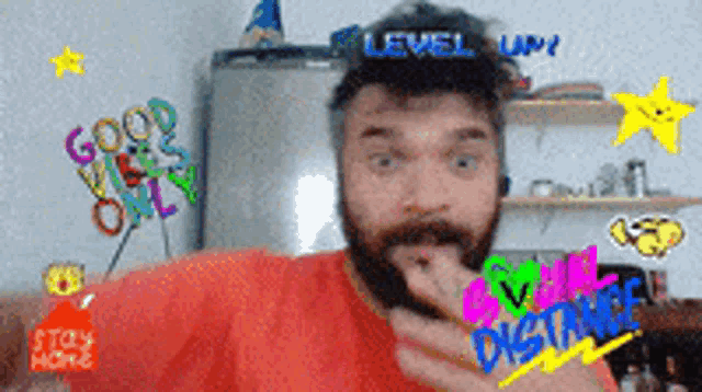 a man with a beard is wearing a hat that says level upy