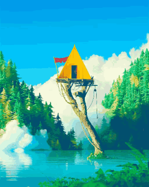 a pixel art painting of a tree house on a tree branch