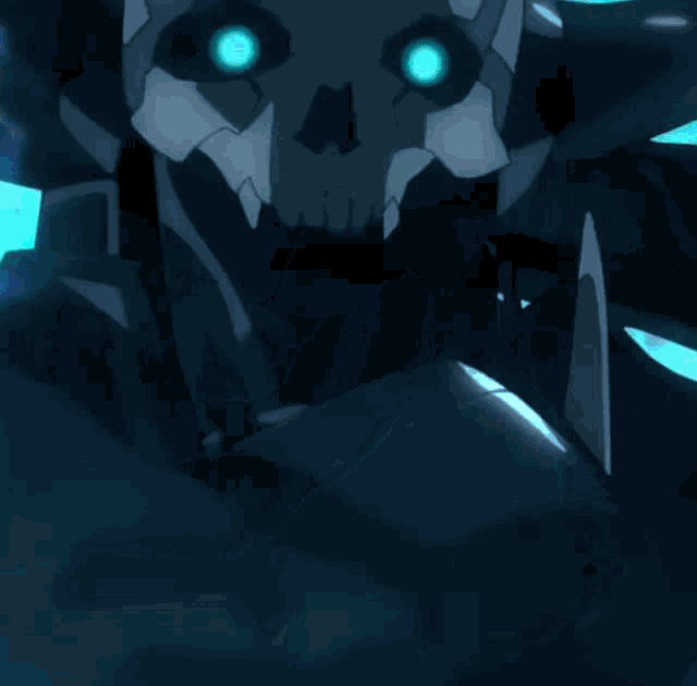 a cartoon character with blue eyes is standing in a dark room
