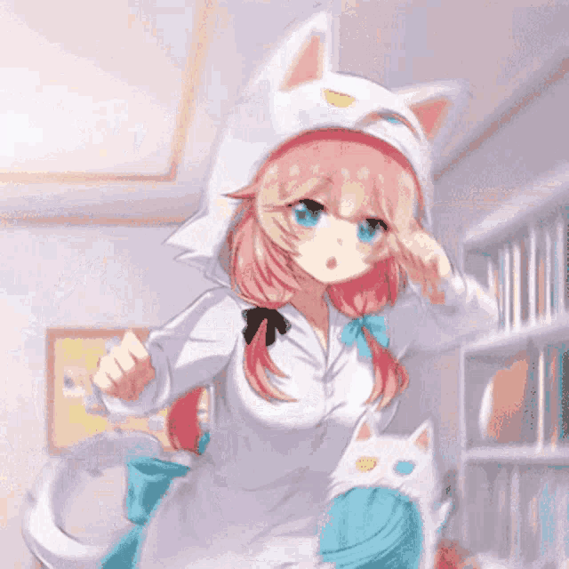 a girl with pink hair and blue eyes is wearing a cat costume and giving a fist bump .
