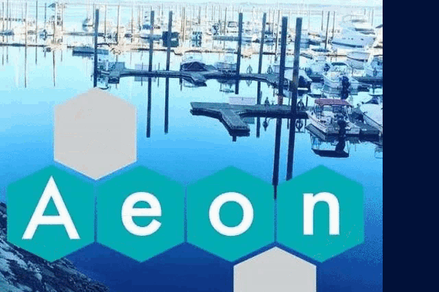 a picture of a marina with the word aeon written on it