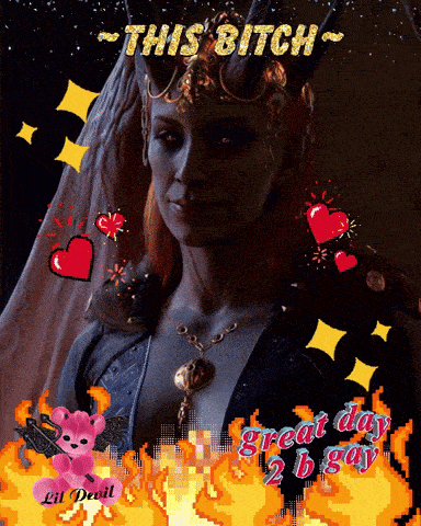 a pixel art of a woman with horns and the words this bitch