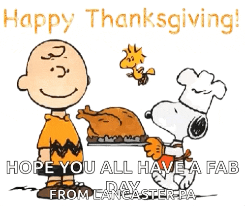 charlie brown and snoopy are standing next to each other holding a turkey on a tray .