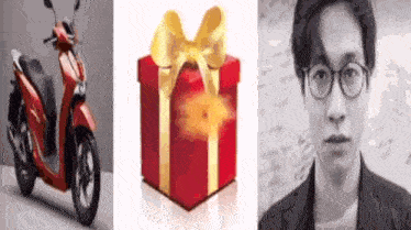 a scooter , a gift box , and a man wearing glasses