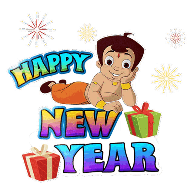 a happy new year greeting card with a cartoon character and gifts