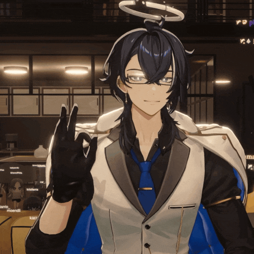 a man with glasses and a halo on his head giving the peace sign