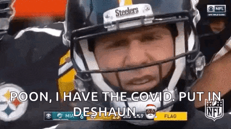 a football player is wearing a helmet and saying `` roon , i have the covid . put in deshawn '' .
