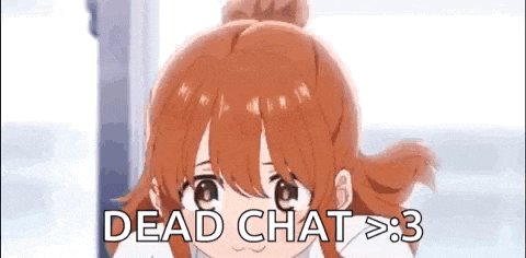 a girl with red hair is standing in front of a window with the words `` dead chat '' written on it .