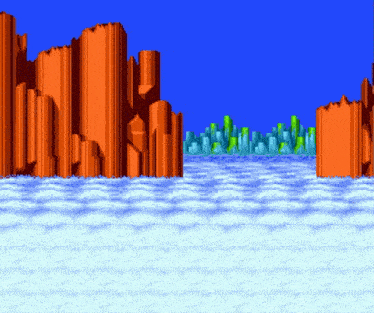a pixel art landscape with a blue sky and mountains