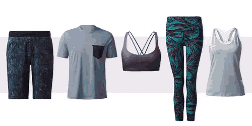 a row of clothes including a t-shirt a bra and leggings