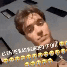 a man is taking a picture of himself with a caption that says `` even he was weirded tf out ''