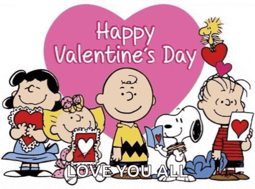 a group of peanuts characters holding hearts in front of a pink heart that says happy valentines day love you all