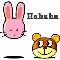 a pink bunny and a brown bear are standing next to each other with the word hahaha written above them