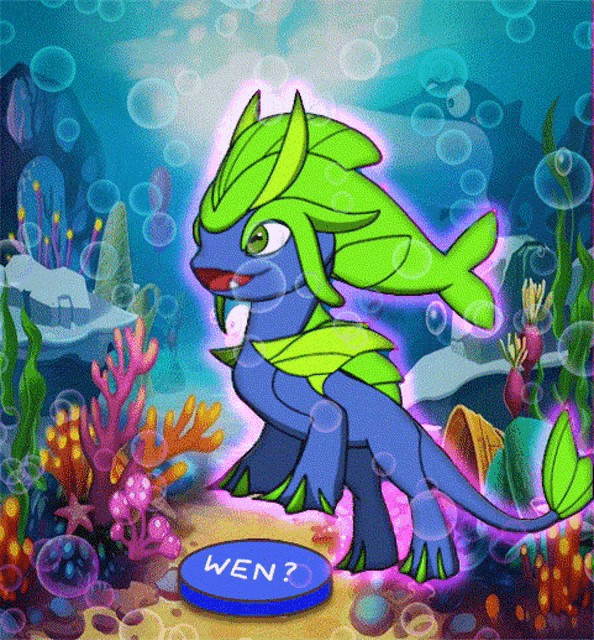a cartoon drawing of a dragon with a button that says wen on it