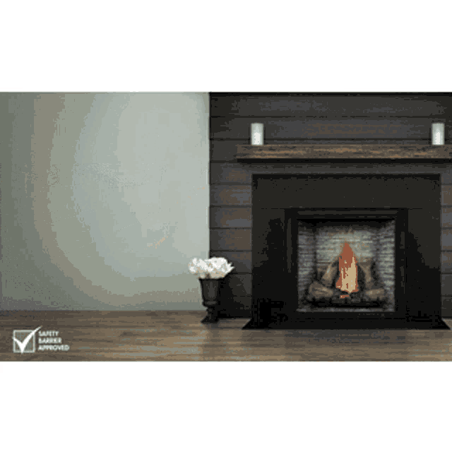 a fireplace in a living room with a safety label on the wall