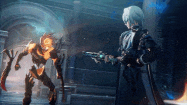 a man is holding a gun in front of a demon