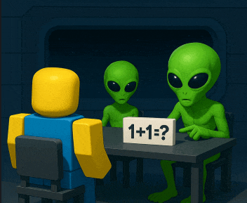 two green aliens sit at a table with a sign that says 1 + 1 = ?