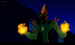 a cartoon character is shooting a flame at someone